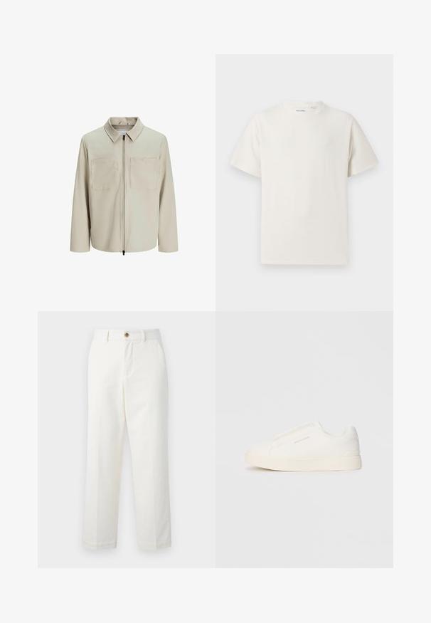 Beige jacket made of soft fabric, featuring a collar, front zip, and two large chest pockets. Long sleeves with a relaxed fit.; White short-sleeve T-shirt in a ribbed texture. Round neckline, relaxed fit, no visible patterns or accents. Simple and versatile design.; White tailored pants made of cotton, featuring a straight leg design, front pockets, and a button closure at the waist. Smooth texture.; White slip-on sneakers with a textured surface, a thick sole, and minimalistic design. Features brand logo on the side.