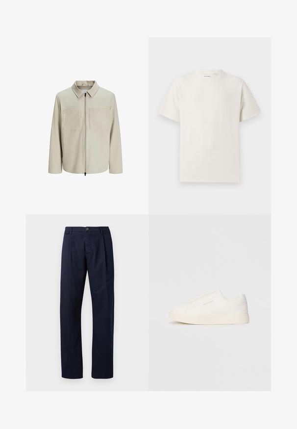 Beige takki, joka on valmistettu pehmeästä kankaasta. Siinä on kaulus, etuvetoketju ja kaksi suurta rintataskua. Pitkät hihat ja rento istuvuus.; Valkoinen lyhythihainen T-paita ribbikuviossa. Pyöreä kaula-aukko, rento istuvuus, ei näkyviä kuvioita tai yksityiskohtia. Yksinkertainen ja monikäyttöinen muotoilu.; Tummansiniset housut, jotka ovat valmistettu sileästä kankaasta. Housuissa on suorat lahkeet, nappikiinnitys ja yksi etupuolelle ommeltu laskos.; Valkoiset liukusukat, joissa on teksturoitu pinta, paksu pohja ja minimalistikot. Sivulla on brändin logo.