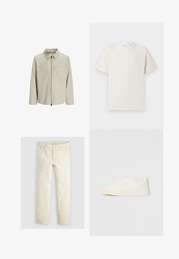 Beige jacka i mjukt tyg, med krage, framsida med dragkedja och två stora bröstfickor. Långa ärmar med avslappnad passform.; Vit t-shirt med kort ärm i ribbad struktur. Rund halsringning, löst sittande passform, inga synliga mönster eller detaljer. Enkelt och mångsidigt design.; Ljust beige löst sittande byxor med tre fickor, bältesöglor och raka ben. Tillverkade av en mjuk bomullsmix.; Vita slip-on sneakers med en texturerad yta, en tjock sula och minimalistisk design. Har varumärkeslogotypen på sidan.