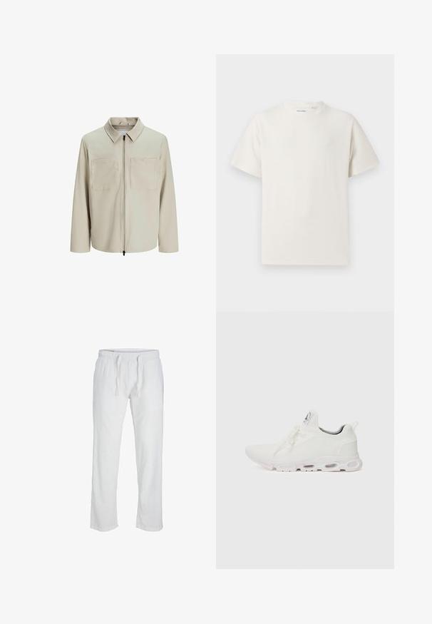 Beige jasje van zachte stof, met een kraag, een voorrits en twee grote borstzakken. Lange mouwen met een relaxte pasvorm.; Witte korte mouwen T-shirt met ribbelstructuur. Ronde hals, ontspannen pasvorm, geen zichtbare patronen of accenten. Eenvoudig en veelzijdig ontwerp.; Jack & Jones JPSTKANE SUMMER JOGGER - Broek - bright white; Witte sportieve schoenen met een gestructureerde gebreide bovenkant, platte veters en een gevoerde zool met zichtbare luchtkamers voor extra ondersteuning.