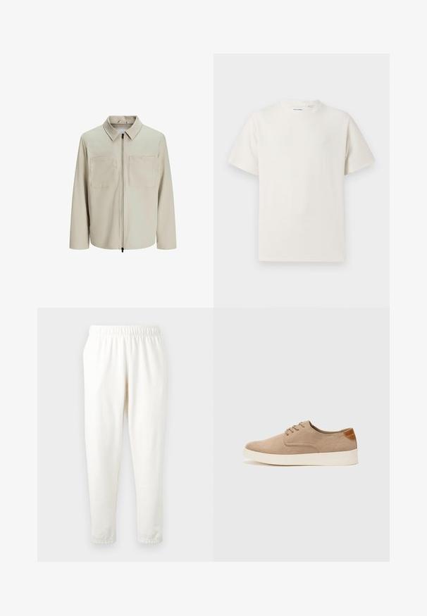 Beige Jacke aus weichem Stoff, mit Kragen, Frontreißverschluss und zwei großen Brusttaschen. Lange Ärmel mit lässiger Passform.; Weißes T-Shirt mit kurzen Ärmeln in gerippter Textur. Runder Ausschnitt, lockere Passform, keine sichtbaren Muster oder Akzente. Einfaches und vielseitiges Design.; Elastischer Taillenbund, cremefarbene Sweatpants mit schmal zulaufenden Beinen, aus weichem Material. Hat eine glatte Textur und keine sichtbaren Muster oder Akzente.; Beige Wildleder-Sneaker mit runder Zehenpartie, Schnürung und strukturiertem Rückenteil. Die weiße Gummisohle sorgt für einen Kontrast. Einfaches und modernes Design.