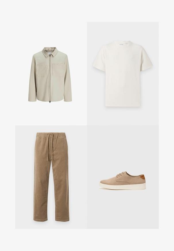Beige jacket made of soft fabric, featuring a collar, front zip, and two large chest pockets. Long sleeves with a relaxed fit.; White short-sleeve T-shirt in a ribbed texture. Round neckline, relaxed fit, no visible patterns or accents. Simple and versatile design.; Brown corduroy pants with an elastic waistband and drawstring, featuring a relaxed fit and straight legs, textured surface with ribbed pattern.; Beige suede sneakers with a rounded toe, lace-up front, and a textured back accent. White rubber sole provides contrast. Simple and modern design.