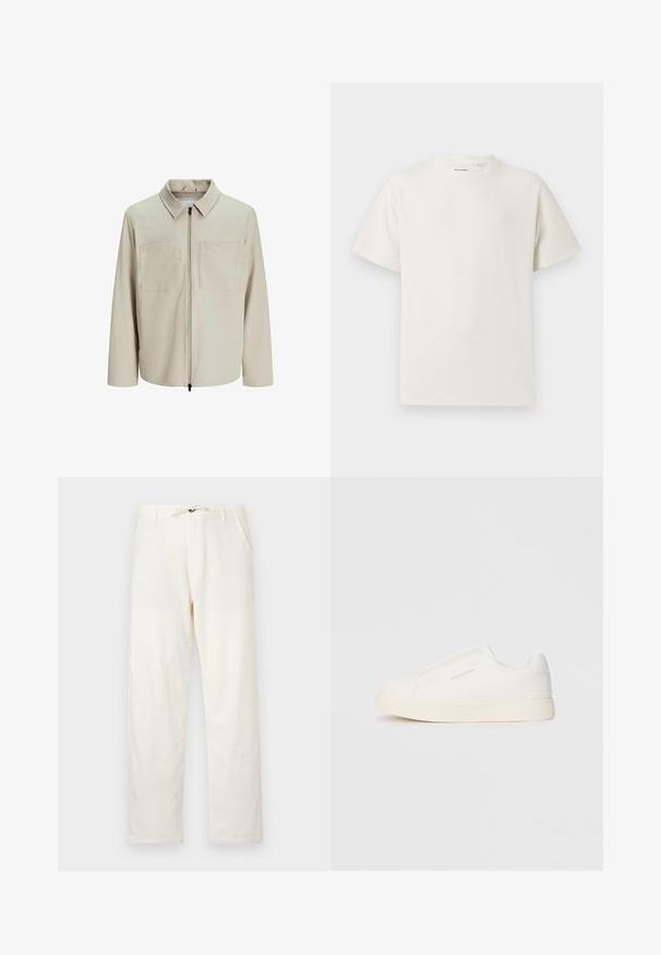 Beżowa kurtka wykonana z miękkiego materiału, z kołnierzem, zamek błyskawiczny z przodu i dwoma dużymi kieszeniami na piersiach. Długie rękawy o luźnym kroju.; Biała krótka koszulka z krótkim rękawem o żebrowanej fakturze. Okrągły dekolt, luźny krój, brak widocznych wzorów lub akcentów. Prosty i uniwersalny design.; Jasno beżowe lniane spodnie o prostym kroju, z regulowanym paskiem na sznurku w talii oraz dwiema bocznymi kieszeniami. Gładka tekstura i minimalistyczny design.; Białe sneakersy wsuwane z teksturowanej powierzchni, grubą podeszwą i minimalistycznym designem. Zawierają logo marki z boku.