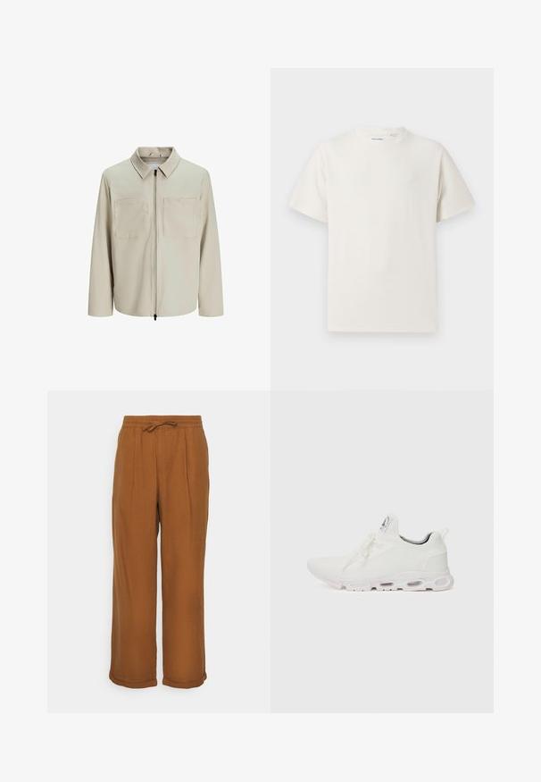 Bež jakna od mekog materijala, s ovratnikom, prednjim patentnim zatvaračem i dva velika džepa na grudima. Dugački rukavi s opuštenim krojem.; Bijela kratka majica s kratkim rukavima u rebrastoj teksturi. Okrugli izrez, ležeran kroj, bez vidljivih uzoraka ili akcenta. Jednostavan i svestran dizajn.; Smeđe lanene hlače s udobnim krojem, elastičnom pojasom, vezivanjem na pertlu i dva prednja nabora za dodatnu teksturu. Rolane manžete na rubu.; Bijele atletske tenisice s gornjim dijelom od teksturiranog pletenog materijala, ravnim vezicama i jastučićem u potplatu s vidljivim zračnim komorama radi dodatne potpore.