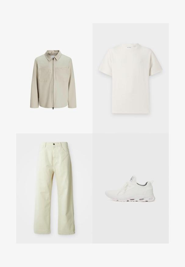 Bež jakna od mekog materijala, s ovratnikom, prednjim patentnim zatvaračem i dva velika džepa na grudima. Dugački rukavi s opuštenim krojem.; Bijela kratka majica s kratkim rukavima u rebrastoj teksturi. Okrugli izrez, ležeran kroj, bez vidljivih uzoraka ili akcenta. Jednostavan i svestran dizajn.; Svijetložute široke traperice s prednjim kopčanjem na gumbe, pet džepova i ravnim, jednostavnim dizajnom.; Bijele atletske tenisice s gornjim dijelom od teksturiranog pletenog materijala, ravnim vezicama i jastučićem u potplatu s vidljivim zračnim komorama radi dodatne potpore.