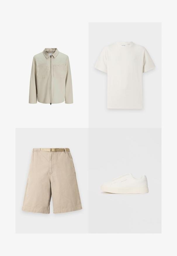 Giacca beige realizzata in tessuto morbido, dotata di colletto, zip frontale e due ampie tasche sul petto. Maniche lunghe con una vestibilità rilassata.; T-shirt bianca a maniche corte in texture a coste. Girocollo, vestibilità rilassata, senza modelli o accenti visibili. Design semplice e versatile.; Pantaloni corti beige in cotone con cintura, caratterizzati da una vestibilità dritta, tasche laterali e cuciture rinforzate ai lati. Texture liscia su tutta la superficie.; Sneakers bianchi slip-on con superficie texturizzata, suola spessa e design minimalista. Presentano il logo del marchio sul lato.