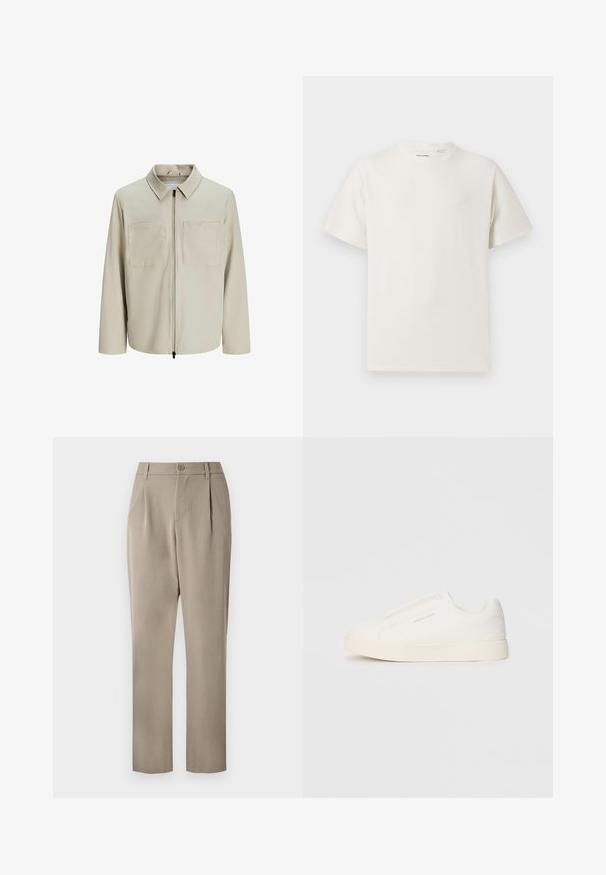 Beige jakke lavet af blødt stof, med krave, frontlynlås og to store brystlommer. Lange ærmer med afslappet pasform.; Hvid kortærmet T-shirt i ribbet tekstur. Rund halsudskæring, løs pasform, ingen synlige mønstre eller accenter. Enkel og alsidig design.; Khaki bukser med lige ben, der har en knaplukning og plisseret foran. Fremstillet af glat stof med mat finish.; Hvide slip-on sneakers med en struktureret overflade, en tyk sål og et minimalistisk design. Har brandlogoet på siden.