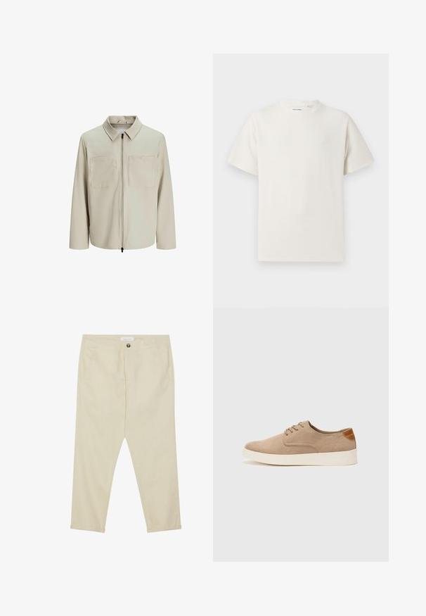 Beige jakke lavet af blødt stof, med krave, frontlynlås og to store brystlommer. Lange ærmer med afslappet pasform.; Hvid kortærmet T-shirt i ribbet tekstur. Rund halsudskæring, løs pasform, ingen synlige mønstre eller accenter. Enkel og alsidig design.; Beige bomuldsbukser med lige snit, frontlommer og enkelt knaplukning. Ankellængde med en glat tekstur.; Beige ruskinds sneakers med rund tå, snørebånd foran og en struktureret rygdetalje. Hvid gummisål giver kontrast. Enkel og moderne design.