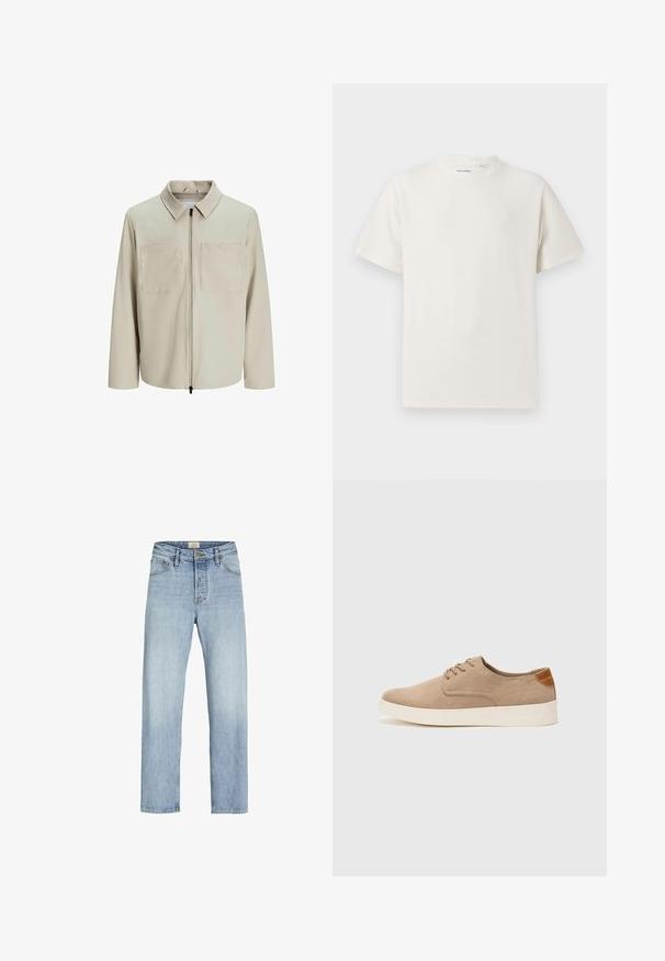 Bežna jakna iz mehkega blaga, z ovratnikom, sprednjim zadrgo in dvema velikima žepoma na prsih. Dolgi rokavi z ohlapnim fitom.; Bela majica s kratkimi rokavi iz rebraste tkanine. Okrogli izrez, sproščen kroj, brez vidnih vzorcev ali naglasov. Preprosta in vsestranska zasnova.; Svjetloplave traperice ravnog kroja, s dizajnom od pet džepova, kopčanjem na dugme i zatvaračem te blagim izbljeđivanjem tkanine.; Bež tkanine usnjene superge z zaobljenim nosom, vezalkami na sprednji strani in teksturiranim zadnjim detajlom. Belo gumijasto podplato zagotavlja kontrast. Enostaven in sodoben dizajn.