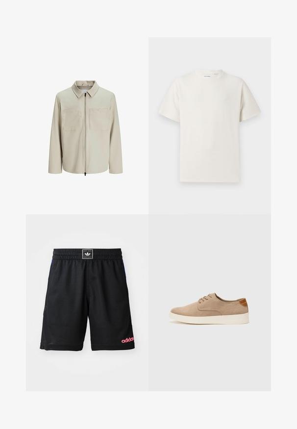 Beige jacka i mjukt tyg, med krage, framsida med dragkedja och två stora bröstfickor. Långa ärmar med avslappnad passform.; Vit t-shirt med kort ärm i ribbad struktur. Rund halsringning, löst sittande passform, inga synliga mönster eller detaljer. Enkelt och mångsidigt design.; Svarta sportshorts i texturerad, ventilerande tyg. Har ett elastiskt midjeband och en rosa "adidas"-logotyp i nedre högra hörnet.; Beige mockasinsneakers med rund tå, snörning fram och texturerad bakaxel. Vit gummisula ger kontrast. Enkelt och modernt design.