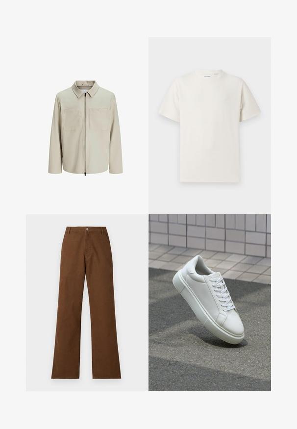 Beige színű, puha anyagból készült dzseki, gallérral, elülső cipzárral és két nagy zsebbe való mellel. Hosszú ujjú, laza fazonú.; Fehér, rövid ujjú póló bordázott textúrával. Kerek nyakkivágás, laza szabás, nincs látható minta vagy díszítés. Egyszerű és sokoldalú dizájn.; Barna pamut nadrág egyenes lábbal, gombos záródással és két elülső zsebből áll. Sima textúrájú, látható minták vagy díszítések nélkül.; Fehér bőr sportcipő sima felülettel, kerek orral és lapos fehér fűzőkkel. Texturált gumitalppal és minimális dizájnelemekkel rendelkezik.