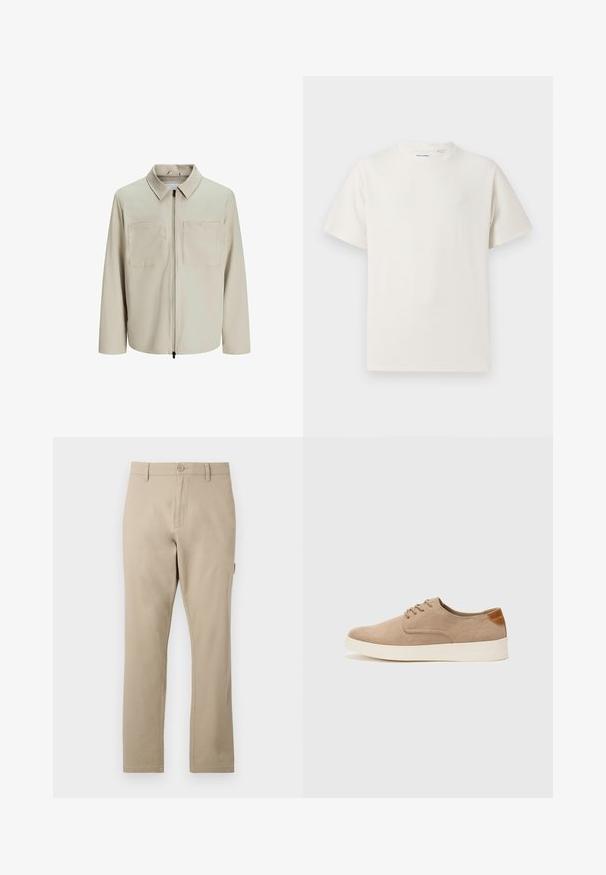 Giacca beige realizzata in tessuto morbido, dotata di colletto, zip frontale e due ampie tasche sul petto. Maniche lunghe con una vestibilità rilassata.; T-shirt bianca a maniche corte in texture a coste. Girocollo, vestibilità rilassata, senza modelli o accenti visibili. Design semplice e versatile.; Pantaloni in cotone beige con design a gamba dritta, dotati di chiusura frontale con bottone e dettagli di cucitura sottili. Texture liscia, senza pattern.; Sneaker in suede beige con punta arrotondata, stringhe davanti e un accento testurizzato sul retro. La suola in gomma bianca offre un contrasto. Design semplice e moderno.