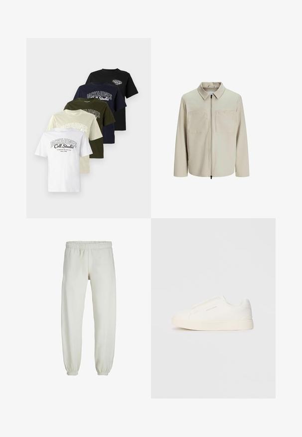 Chaqueta beige hecha de un tejido suave, con cuello, cierre frontal y dos grandes bolsillos en el pecho. Mangas largas con un corte relajado.; Cinco camisetas en fila: blanca, beige, oliva, azul marino y negra. Cada una tiene un logo con "JACK&JONES" y un diseño de cuello redondo.; Pantalones de chándal blancos hechos de una tela suave, con cinturilla y puños elásticos, que presentan una textura suave y un diseño holgado.; Zapatillas blancas tipo slip-on con una superficie texturizada, suela gruesa y diseño minimalista. Presenta el logo de la marca en un lado.