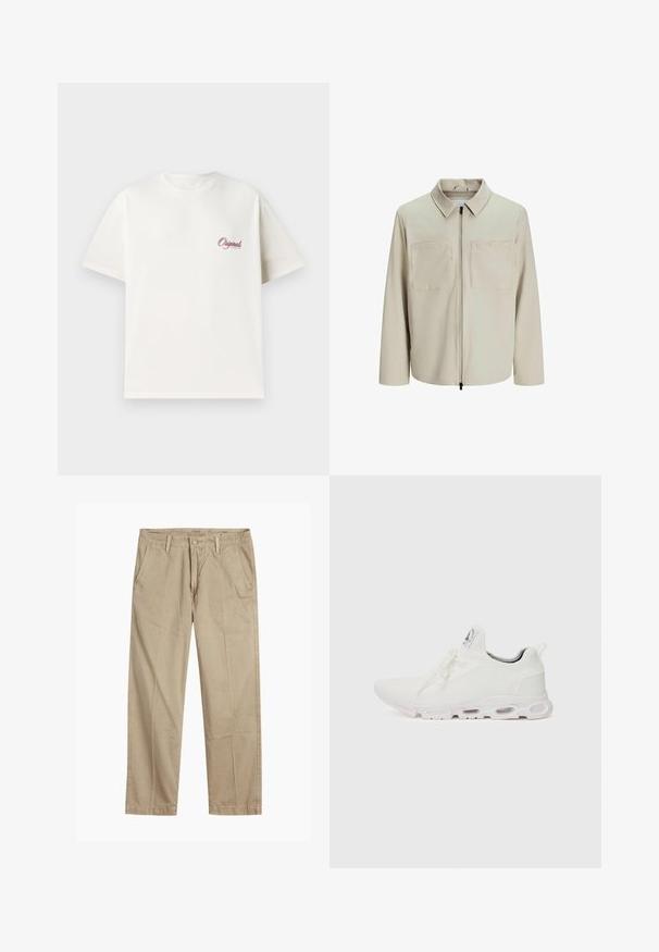 Beżowa kurtka wykonana z miękkiego materiału, z kołnierzem, zamek błyskawiczny z przodu i dwoma dużymi kieszeniami na piersiach. Długie rękawy o luźnym kroju.; Biała koszulka z bawełny, z krótkimi rękawami, okrągłym dekoltem i małym czerwonym logo nadrukowanym w lewym górnym rogu. Gładka faktura.; Beżowe chinosy o prostym kroju z pętlami na pasek, przednim zapięciem na guzik i zamek błyskawiczny oraz skośnymi kieszeniami z przodu.; Białe buty sportowe z teksturowaną cholewką z dzianiny, płaskimi sznurowadłami oraz wyściełaną podeszwą z widocznymi komorami powietrznymi dla dodatkowego wsparcia.