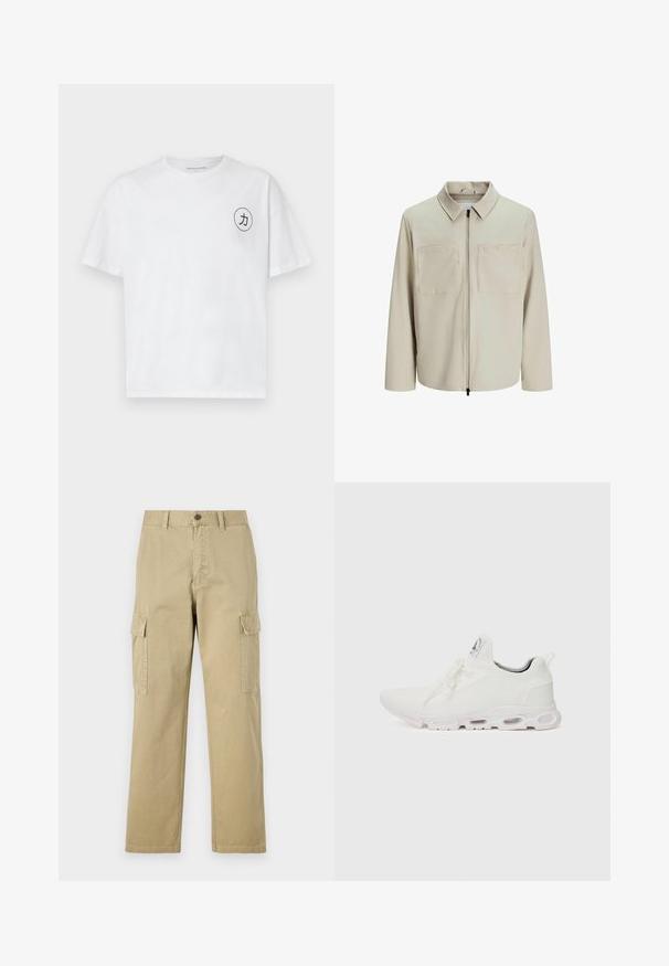 Beige bunda vyrobená z měkkého materiálu, s límečkem, předním zipem a dvěma velkými náprsními kapsami. Dlouhé rukávy s volným střihem.; Bílá bavlněná tričko s kulatým výstřihem, krátkými rukávy a černým kruhovým grafickým motivem s postavou na levé straně hrudníku.; Beige cargo kalhoty vyrobené z bavlny, s dvěma bočními kapsami, knoflíkovým zapínáním a rovnými nohavicemi z mírně texturované látky.; Bílé sportovní boty s texturovaným pleteným svrškem, plochými tkaničkami a polstrovanou podešví s viditelnými vzduchovými komorami pro zvýšenou podporu.