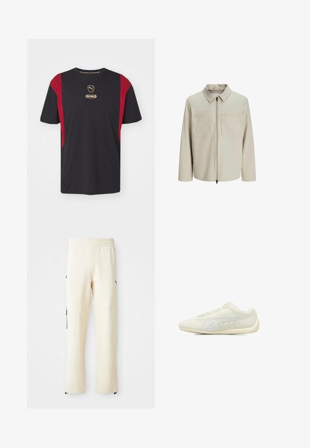 Kreminė striukė, pagaminta iš minkštos medžiagos, su apykakle, priekyje užtrauktuku ir dviem didelėmis krūtinės kišenėmis. Ilgos rankovės su laisvu pritaikymu.; Juodas marškinėliai su raudonais šoniniais akcentais, apvaliu kaklu ir auksiniu "KING" logotipu krūtinėje. Pagaminti iš švelnios medvilnės.; Šviesiai smėliniai sportiniai kelnių pagaminti iš minkštos medžiagos. Yra juodas logotipas, šoniniai kišenės su užtrauktukais ir laisvas siluetas.; Šviesiai pilki sportiniai bateliai, pagaminti iš zomšos, su lygiu paviršiumi, apvalia nosimi, minimalistiniu dizainu, keliamosiomis raišteliais priekyje ir struktūruotais šoniniais akcentais.