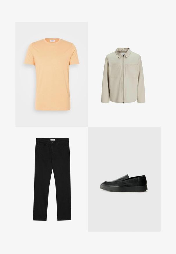 Bež jakk, mis on valmistatud pehmest kangast, millel on krae, ees zip ja kaks suurt rinna taskut. Pikad varrukad, millel on mugav lõige.; Helepehme kerge virsiku värvi lühikeste varrukatega T-särk. Omab ümmargust kaelust ja peent "Arrivederci" teksti ees.; Mustad mustad jalad, viie taskuga disain, nööbiga ja lukuga kinnine, ning Pier One brändi silt vööl.; Calvin Klein HYBRID CUP - Jalga libistatavad jalanõud - triple black