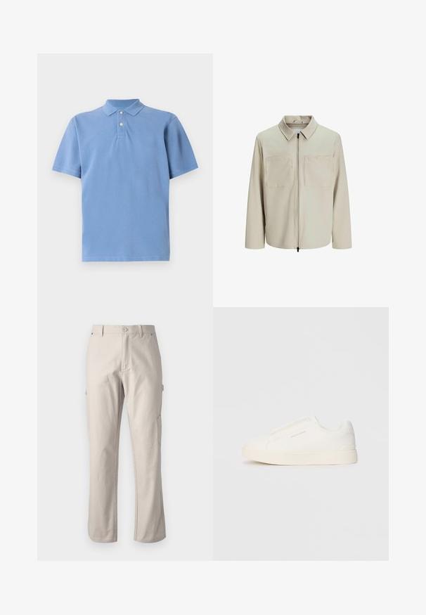 Beige jasje van zachte stof, met een kraag, een voorrits en twee grote borstzakken. Lange mouwen met een relaxte pasvorm.; Lichtblauw poloshirt van zacht katoen, met een klassieke kraag, een drieknoopsluiting en korte mouwen met een gladde textuur.; Beige cargobroek van stevig katoen met rechte pijpen, voorknopsluiting en zijzakken voor gebruiksgemak. Gladde textuur met subtiele stiksels.; Witte instap sneakers met een gestructureerd oppervlak, een dikke zool en een minimalistisch ontwerp. Bevat het merklogo aan de zijkant.