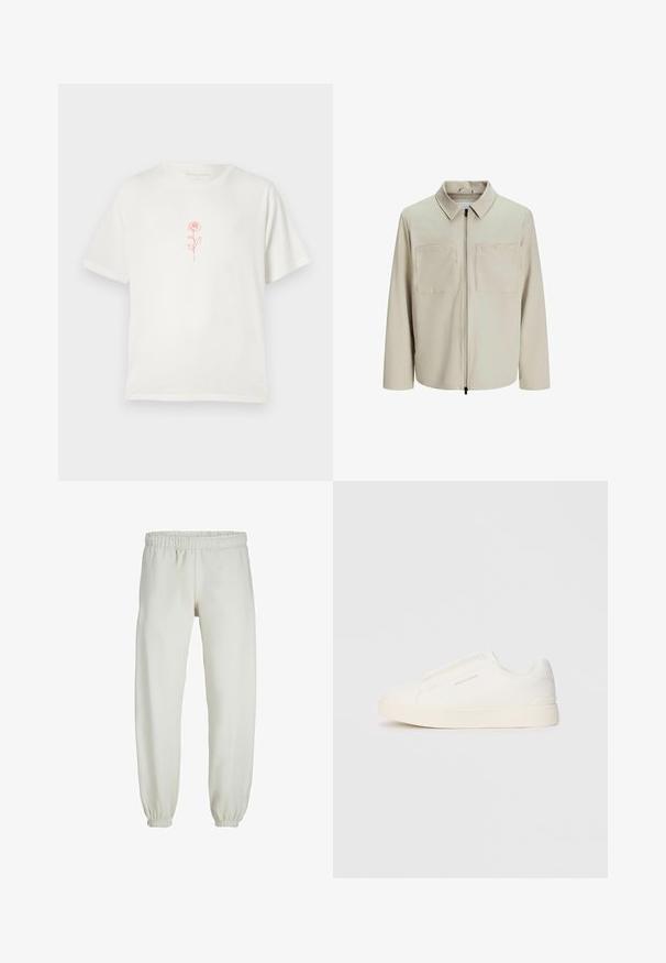 Beige bunda vyrobená z měkkého materiálu, s límečkem, předním zipem a dvěma velkými náprsními kapsami. Dlouhé rukávy s volným střihem.; Krémové tričko s jednoduchou grafikou červené růže uprostřed, umístěné na čistém bílém pozadí.; Bílé tepláky vyrobené z měkkého materiálu, s elastickým pasem a manžetami, s hladkou texturou a volným střihem.; Bílé slip-on tenisky s texturovaným povrchem, silnou podešví a minimalistickým designem. Na boku je umístěno logo značky.