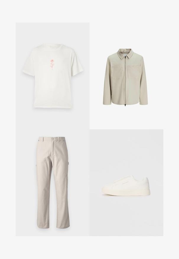Jachetă bej dintr-un material moale, având o guler, fermoar frontal și două buzunare mari pe piept. Mâneci lungi cu o croială lejeră.; Un tricou de culoare crem, cu un grafic simplu al unei trandafiri roșii în centru, pe un fundal alb uniform.; Pantaloni cargo bej din bumbac rezistent, cu picioare drepte, închidere cu buton frontal și buzunare laterale pentru utilitate. Textură fină cu cusături subtile.; Tenisi albi slip-on cu o suprafață texturată, talpă groasă și un design minimalist. Prezintă logo-ul brandului pe lateral.