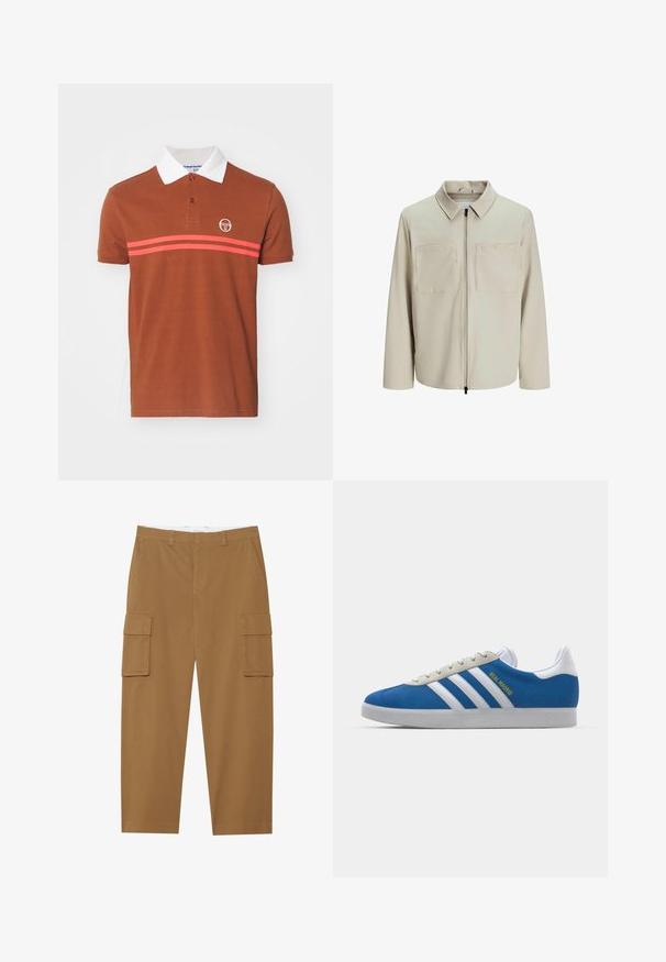 Bēša jaka, kas izgatavota no mīksta auduma, ar apkakli, priekšējo rāvējslēdzēju un diviem lieliem krūšu kabatām. Garas piedurknes ar brīvu piegriezumu.; Brūns polo krekls ar balto apkakli, ar divām horizontālām rozā svītrām un logo uz krūtīm. Izgatavots no teksturēta auduma.; Ceri brūni cargo bikses ar divām sānu kabatām, plakanu priekšpusi un taisnu kāju griezumu. Izgatavotas no izturīgas auduma ar gludu tekstūru.; adidas Originals ADIDAS GAZELLE SHOES - Futbola apavi iekštelpām - real madrid/bluebird/footwear white/crew yellow