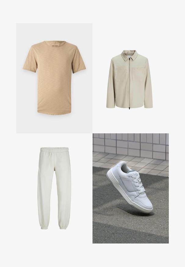 Beige bunda vyrobená z měkkého materiálu, s límečkem, předním zipem a dvěma velkými náprsními kapsami. Dlouhé rukávy s volným střihem.; Béžové tričko s krátkým rukávem vyrobené z jemné látky. Má kulatý výstřih a mírně texturovaný povrch s zakulaceným lemem.; Bílé tepláky vyrobené z měkkého materiálu, s elastickým pasem a manžetami, s hladkou texturou a volným střihem.; Bílé kožené tenisky s perforovanými stranami, texturovanými detaily, plochými tkaničkami a kontrastní šedou patou. Mají mírně zvýšenou podrážku.