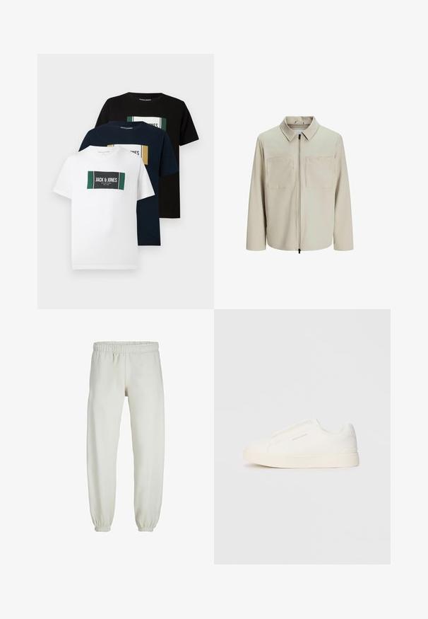 Bež jakk, mis on valmistatud pehmest kangast, millel on krae, ees zip ja kaks suurt rinna taskut. Pikad varrukad, millel on mugav lõige.; Kolm T-särki: valge, tumesinine ja must. Igal on erkkolmnurkne graafika, millel on "Jack & Jones" bränding ja värvilised aktsendid. Puuvillane materjal.; Valged trennipüksid, mis on valmistatud pehmest kangast, elastse vöökoha ja mansettidega, sileda tekstuuri ja lõdva lõikega.; Valged libisemiskindlad tossud tekstuuriga pinnaga, paksu tallaga ja minimalistikus disainis. Küljel on brändi logo.