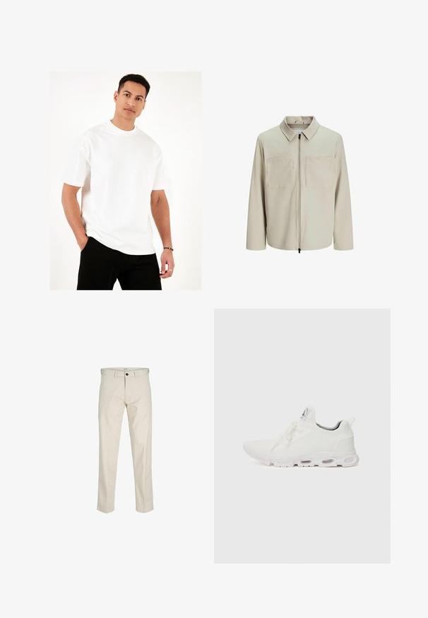 Kreminė striukė, pagaminta iš minkštos medžiagos, su apykakle, priekyje užtrauktuku ir dviem didelėmis krūtinės kišenėmis. Ilgos rankovės su laisvu pritaikymu.; Baltas apvalaus kaklo marškinėlis, pagamintas iš lengvos medvilnės. Trumpomis rankovėmis, laisvas siluetas ir plokščios siūlės. Dėvimi su juodomis kelnėmis, rankos kišenėse.; Bežinės medvilninės kelnės su tiesiu siluetu, mygtukų užtrauktuku, priekinėmis kišenėmis ir siūlėmis. Lygus audinys, minimalus dekoravimas ir be raštų.; Baltos sportinės detalės batai su tekstūruotu megztu viršumi, plokščiais raišteliais ir paminkštintu padu, kuriame matomos oro kameros papildomam palaikymui.