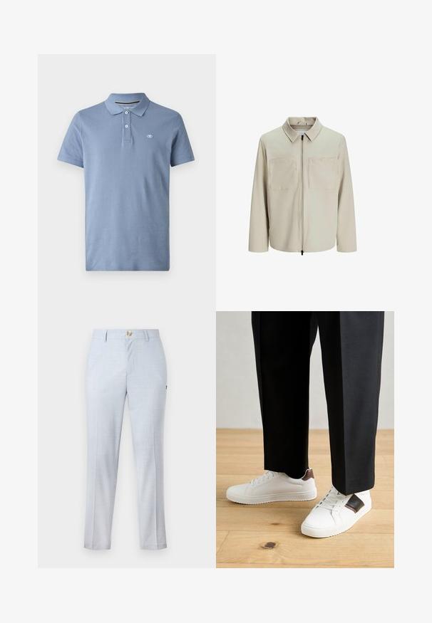 Jachetă bej dintr-un material moale, având o guler, fermoar frontal și două buzunare mari pe piept. Mâneci lungi cu o croială lejeră.; Tricou polo din bumbac de culoare albastru deschis, având guler standard, placket cu trei butoane și un logo mic pe pieptul stâng. Mâneci scurte.; Pantaloni de costum bleu deschis din țesătură țesută, cu o croială clasică, picior drept, buzunare frontale și închidere cu nasture. Detaliu subtil de model.; Sneakers albe cu textură netedă, având accente din piele maro și detalii negre, asociate cu pantaloni negri pe măsură. Fundal din podea din lemn.