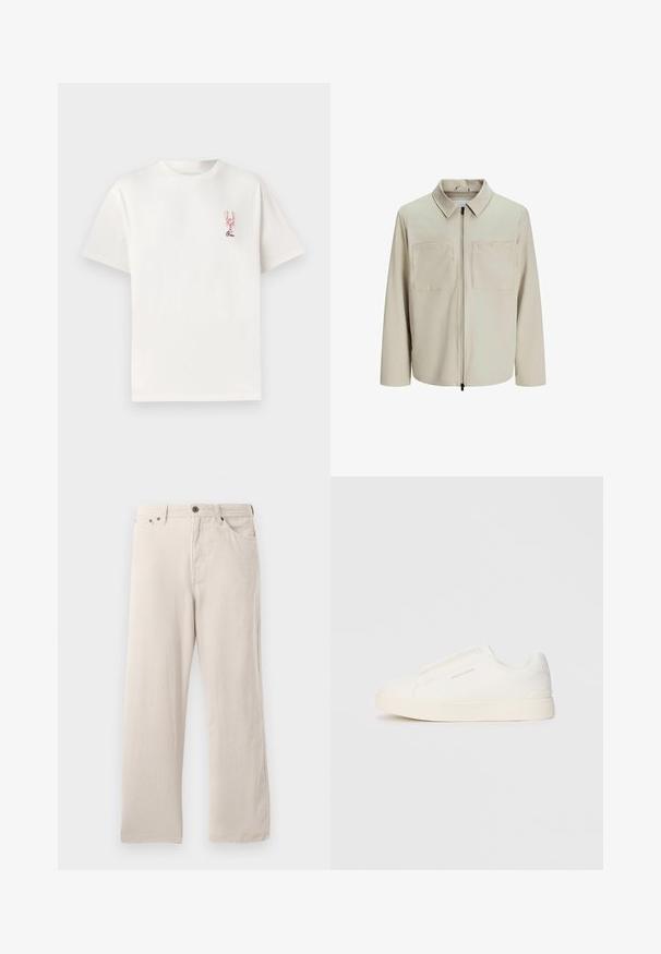 Chaqueta beige hecha de un tejido suave, con cuello, cierre frontal y dos grandes bolsillos en el pecho. Mangas largas con un corte relajado.; Camiseta de algodón blanca con mangas cortas, que presenta un gráfico de una langosta rosa en el lado izquierdo del pecho y la palabra "Ciao" debajo en negro.; Pantalones de pana beige con corte recto, con textura acanalada, diseño de cinco bolsillos y cierre de botón.; Zapatillas blancas tipo slip-on con una superficie texturizada, suela gruesa y diseño minimalista. Presenta el logo de la marca en un lado.