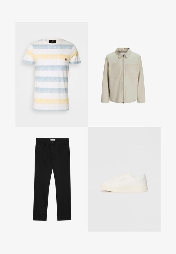 Beige jasje van zachte stof, met een kraag, een voorrits en twee grote borstzakken. Lange mouwen met een relaxte pasvorm.; Gestreepte katoenen t-shirt met horizontale lichtblauwe, gele en witte banden. Bevat een klein bruin leren accent op de borstzak.; Zwarte straight-leg jeans met een vijf-pocket ontwerp, knoop- en ritssluiting, en een Pier One merklabel op de tailleband.; Witte instap sneakers met een gestructureerd oppervlak, een dikke zool en een minimalistisch ontwerp. Bevat het merklogo aan de zijkant.