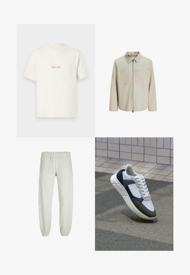 Kreminė striukė, pagaminta iš minkštos medžiagos, su apykakle, priekyje užtrauktuku ir dviem didelėmis krūtinės kišenėmis. Ilgos rankovės su laisvu pritaikymu.; Kreminė medvilninė trišakė su trumpomis rankovėmis, apvaliu kaklu ir auksiniu siuvinėjimu "Original Studio" logotipo ant krūtinės. Minkšta tekstūra.; Baltos sportinės kelnės, pagamintos iš minkštos medžiagos, su elastinga juosmeniu ir rankogaliais, turinčios lygią tekstūrą ir laisvą siluetą.; Baltos, tamsiai mėlynos ir pilkos sportbačiai su mišriomis medžiagomis, turintys tekstūruotą viršutinę dalį, plokščius raištelius ir paminkštintą pado dalį.