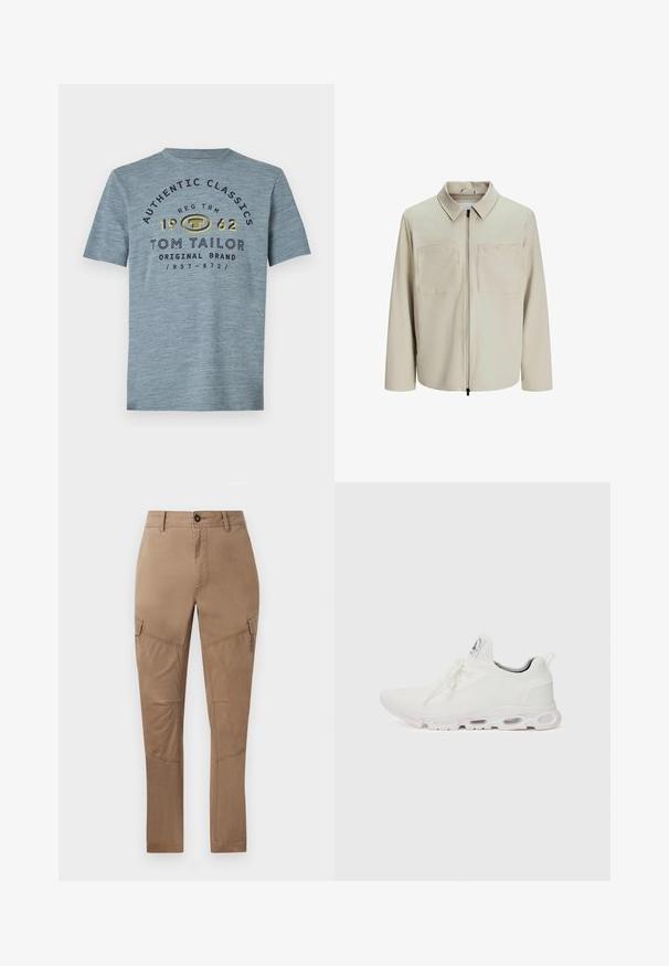 Bež jakk, mis on valmistatud pehmest kangast, millel on krae, ees zip ja kaks suurt rinna taskut. Pikad varrukad, millel on mugav lõige.; Heledsinine puuvillane T-särk ümmarguse kaelusega, lühikeste varrukatega, millel on prinditud tekst tumesinises ja kollases, sealhulgas brändinimi ja aasta.; Heledad püksid heledast pruunist puuvilla segust. Omab küljekotte, sirgeid sääri ja õmbluse detaile. Sile tekstuur ja vastupidav viimistlus.; Valged sportijalatsid, millel on tekstuuriga kudum peal, lame paelad ja pehmendatud tallad nähtavate õhukambritega täiendava toe jaoks.