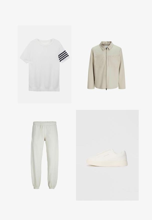 Béžová bunda vyrobená z jemného materiálu, s golierom, predným zipsom a dvoma veľkými náprsníkmi. Dlhé rukávy s voľným strihom.; Biele pletené tričko s krátkym rukávom, ktoré má ryhovanú textúru a čierny pruh na ľavom rukáve. Okrúhly výstrih, voľný strih.; Biele teplákové nohavice vyrobené z mäkkej textílie, s elastickým pásom a manžetami, s hladkým povrchom a voľným strihom.; Biele slip-on tenisky s textúrovaným povrchom, hrubou podrážkou a minimalistickým dizajnom. Obsahuje logo značky na boku.