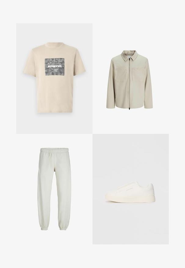 Bež jakna od mekog materijala, s ovratnikom, prednjim patentnim zatvaračem i dva velika džepa na grudima. Dugački rukavi s opuštenim krojem.; Bež majica od pamuka s grafikom u sivoj kamuflaži u obliku kvadrata na kojoj se nalazi tekst "jack&jones" i "CORE NINE ZERO". Okrugli izrez i kratki rukavi.; Bijele trenirke napravljene od mekanog materijala, s elastikom u struku i na manžetama, glatke teksture i labavog kroja.; Bijele slip-on tenisice s teksturiranom površinom, debelim đonom i minimalističkim dizajnom. Sadrže logo branda sa strane.