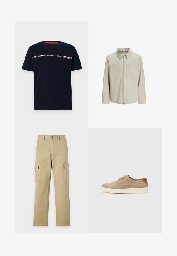 Chaqueta beige hecha de un tejido suave, con cuello, cierre frontal y dos grandes bolsillos en el pecho. Mangas largas con un corte relajado.; Camiseta de algodón azul marino con mangas cortas, escote redondo, que presenta un detalle de rayas horizontales en blanco y rojo y el logo "TOM TAILOR".; Pantalones cargo beige de algodón, con dos bolsillos laterales, cierre de botón y perneras rectas con una tela ligeramente texturizada.; Zapatillas de ante beige con puntera redondeada, cordones en la parte delantera y un acento texturizado en la parte trasera. La suela de goma blanca proporciona contraste. Diseño sencillo y moderno.