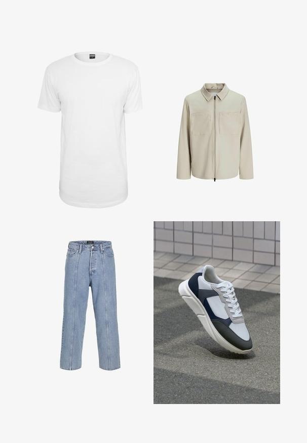 Beige jasje van zachte stof, met een kraag, een voorrits en twee grote borstzakken. Lange mouwen met een relaxte pasvorm.; Witte kortemouwen T-shirt van katoen, met een klassieke ronde hals, een relaxte pasvorm en geen zichtbare patronen of logo's.; Lichtblauwe denim jeans met een losse pasvorm, wijde benen en zichtbare stiksels. Voorzien van een knoop- en ritsluiting, vijf zakken.; Witte, marineblauwe en grijze sneaker met een gemengde materiaald ontwerp, met een gestructureerde bovenkant, platte veters en een gevoerde zool.