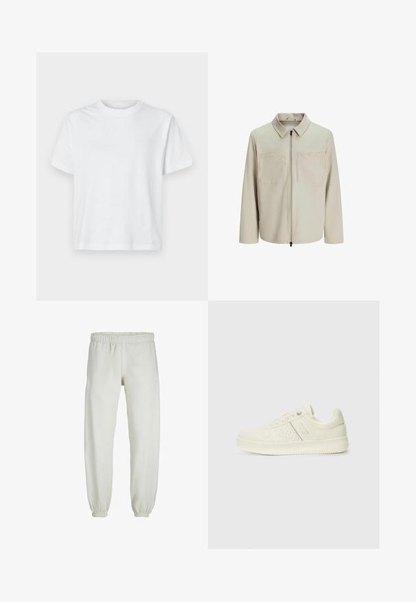 Chaqueta beige hecha de un tejido suave, con cuello, cierre frontal y dos grandes bolsillos en el pecho. Mangas largas con un corte relajado.; Camiseta blanca de algodón con mangas cortas, escote redondo y detalle de texto minimalista en la parte delantera. Textura suave, corte relajado.; Pantalones de chándal blancos hechos de una tela suave, con cinturilla y puños elásticos, que presentan una textura suave y un diseño holgado.; Zapatilla color crema con detalles perforados, cordones y logotipo en el lateral, exhibida sobre un fondo blanco liso.