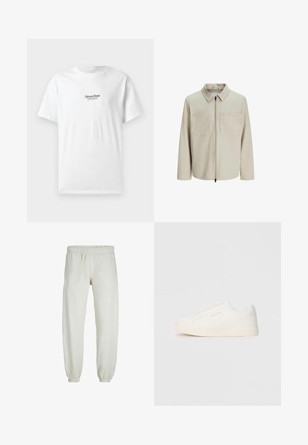 Chaqueta beige hecha de un tejido suave, con cuello, cierre frontal y dos grandes bolsillos en el pecho. Mangas largas con un corte relajado.; Camiseta de algodón blanca de manga corta, con el texto "Palmiera Pantó" y "VENICE BEACH" en negro, en un estilo de escritura, en el frente.; Pantalones de chándal blancos hechos de una tela suave, con cinturilla y puños elásticos, que presentan una textura suave y un diseño holgado.; Zapatillas blancas tipo slip-on con una superficie texturizada, suela gruesa y diseño minimalista. Presenta el logo de la marca en un lado.