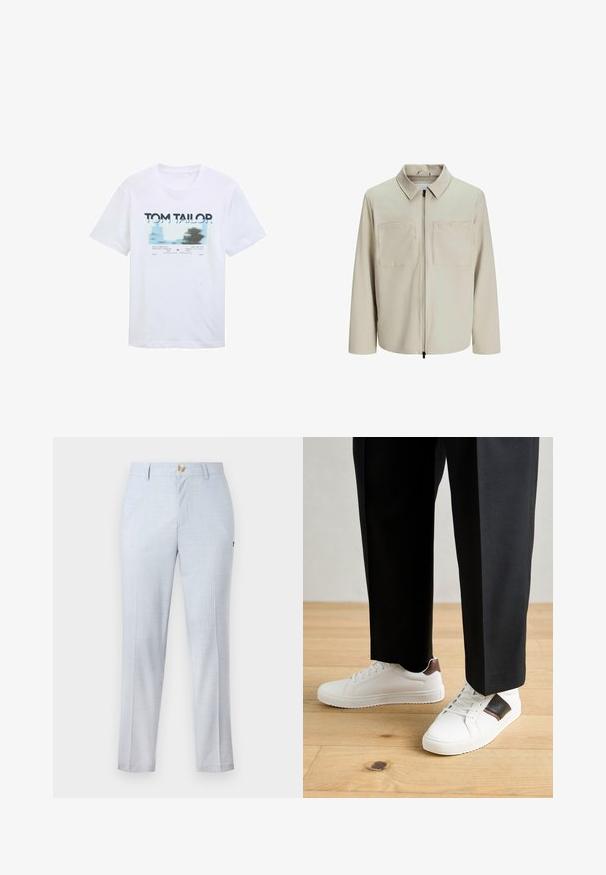 Beige Jacke aus weichem Stoff, mit Kragen, Frontreißverschluss und zwei großen Brusttaschen. Lange Ärmel mit lässiger Passform.; Weißes Baumwoll-T-Shirt mit einem blauen und schwarzen grafischen Druck und Text. Kurze Ärmel und runder Halsausschnitt, lässige Passform.; Helle blaue Anzughosen aus gewebtem Stoff mit klassischer Passform, geradem Bein, frontalen Taschen und Knopfverschluss. Dezente Musterdetails.; Weiße Sneakers mit glatter Textur, versehen mit braunen Lederakzenten und schwarzen Details, kombiniert mit schwarzen maßgeschneiderten Hosen. Hintergrund aus Holzboden.