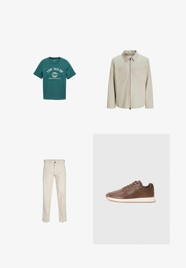 Kreminė striukė, pagaminta iš minkštos medžiagos, su apykakle, priekyje užtrauktuku ir dviem didelėmis krūtinės kišenėmis. Ilgos rankovės su laisvu pritaikymu.; Mėlyna trumpomis rankovėmis marškinėliai, pagaminti iš medvilnės, su apvaliu iškirpimu ir baltu atspaudytu tekstu "TOM TAILOR" bei dizaino detalėmis priekyje.; Bežinės medvilninės kelnės su tiesiu siluetu, mygtukų užtrauktuku, priekinėmis kišenėmis ir siūlėmis. Lygus audinys, minimalus dekoravimas ir be raštų.; Tommy Hilfiger HYBRID - Sportbačiai - legacy brown