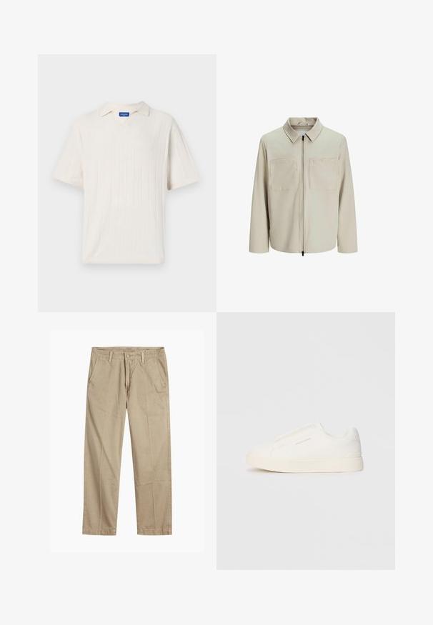 Beige jakke lavet af blødt stof, med krave, frontlynlås og to store brystlommer. Lange ærmer med afslappet pasform.; Kortærmet, v-hals strikbluse i off-white med vertikal ribstruktur. Har en blød krave og afslappet pasform.; Beige lige ben chinos med bæltestropper, frontknap og lynlås lukning samt skrå frontlommer.; Hvide slip-on sneakers med en struktureret overflade, en tyk sål og et minimalistisk design. Har brandlogoet på siden.