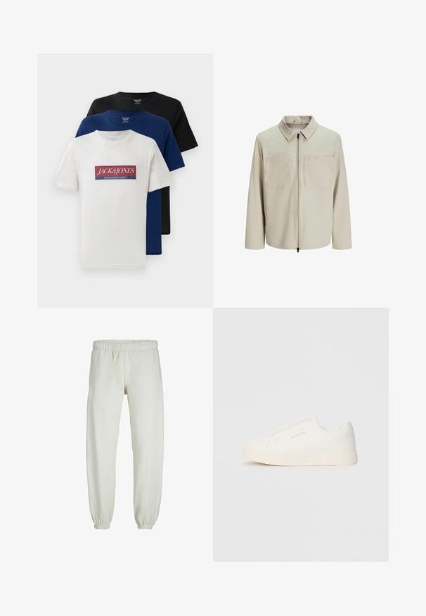 Bež jakk, mis on valmistatud pehmest kangast, millel on krae, ees zip ja kaks suurt rinna taskut. Pikad varrukad, millel on mugav lõige.; Kolm virna lühikeste varrukatega ümarate kaelustega T-särki valges, punase ja sinise logoga, tumesinises ja mustas, esitatud valgel taustal.; Valged trennipüksid, mis on valmistatud pehmest kangast, elastse vöökoha ja mansettidega, sileda tekstuuri ja lõdva lõikega.; Valged libisemiskindlad tossud tekstuuriga pinnaga, paksu tallaga ja minimalistikus disainis. Küljel on brändi logo.