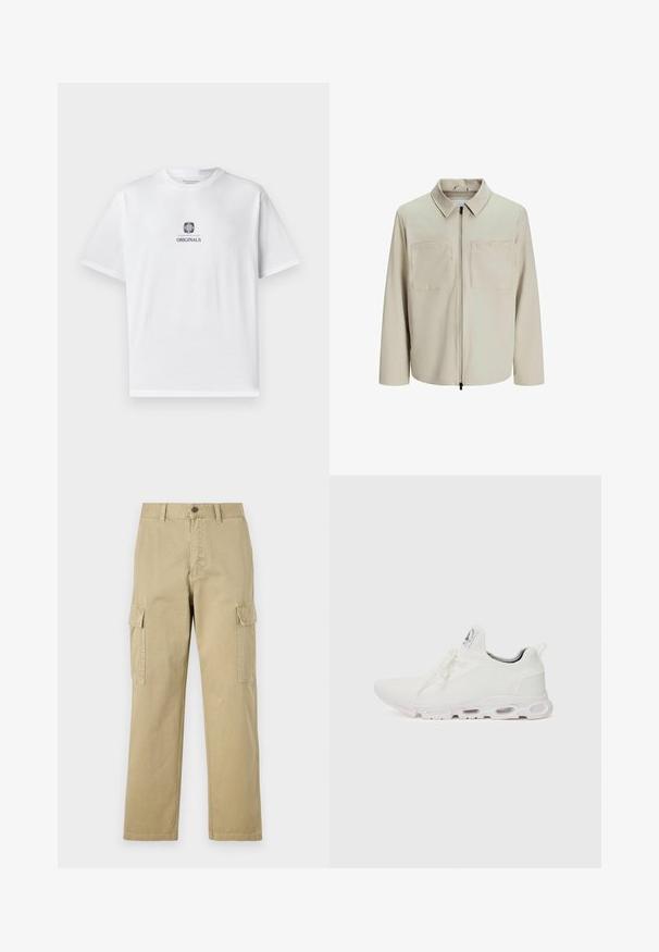 Beige jakke lavet af blødt stof, med krave, frontlynlås og to store brystlommer. Lange ærmer med afslappet pasform.; Hvid bomulds t-shirt med korte ærmer, der har et centralt grafisk motiv af en løve og ordet "ORIGINALS" i sort, rund hals, afslappet pasform.; Beige cargo bukser lavet af bomuld, med to sidelommer, knaplukning og lige ben i et let tekstureret stof.; Hvide atletiske sko med en tekstureret strikket overdel, flade snørebånd og en polstret sål med synlige luftkamre for ekstra støtte.