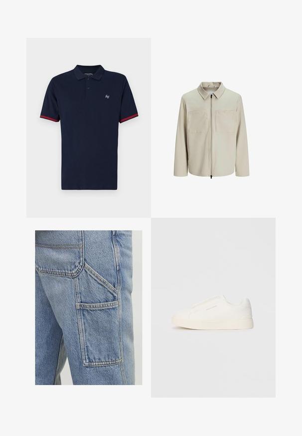 Béžová bunda vyrobená z jemného materiálu, s golierom, predným zipsom a dvoma veľkými náprsníkmi. Dlhé rukávy s voľným strihom.; Námornícka modrá polo košeľa z bavlny s krátkymi rukávmi, s dvoma gombíkmi, červeným lemovaním na rukávoch a vyšitým logom na hrudi.; Svetlomodré denimové cargo nohavice majú veľkú bočnú kapsu, jemné švy a voľný strih s mierne štruktúrovaným povrchom.; Biele slip-on tenisky s textúrovaným povrchom, hrubou podrážkou a minimalistickým dizajnom. Obsahuje logo značky na boku.