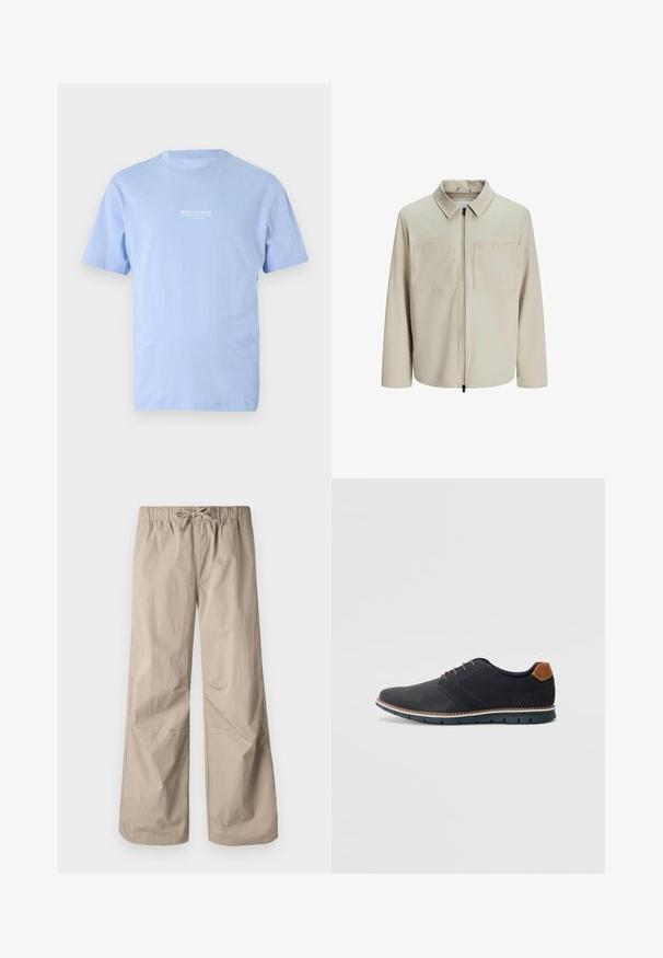 Beige jakke lavet af blødt stof, med krave, frontlynlås og to store brystlommer. Lange ærmer med afslappet pasform.; Lys blå kortærmet T-shirt med rund hals og lille hvid "DENIM TOM TAILOR" tekst centreret på brystet.; Beige brede bukser med elastisk talje og snøre. Glat tekstur, to sidelommer og minimale sømme for en afslappet pasform.; Sorte syntetiske sko med en tekstureret overdel, glatte accenter, brun hæl og en kontrasterende sål. Har minimale snørebånd og syningsdetaljer.