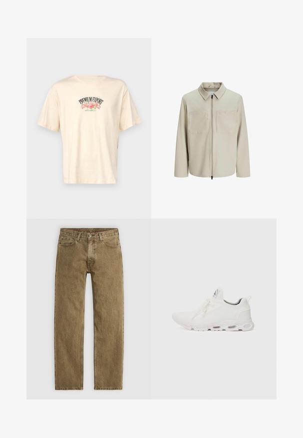 Beige színű, puha anyagból készült dzseki, gallérral, elülső cipzárral és két nagy zsebbe való mellel. Hosszú ujjú, laza fazonú.; Jack & Jones JORHEAVEN TEE CREW NECK - Nyomott mintás póló - buttercream; Világosbarna farmernadrág egyenes szárú fazonnal, ötpocket stílusban és rézszínű kiegészítőkkel. Texturált anyag, látható varrási részletekkel.; Fehér sportcipők, texturált kötött felsőrésszel, lapos fűzőkkel és párnázott talppal, amely látható légkamrákkal rendelkezik a megerősített kényelem érdekében.
