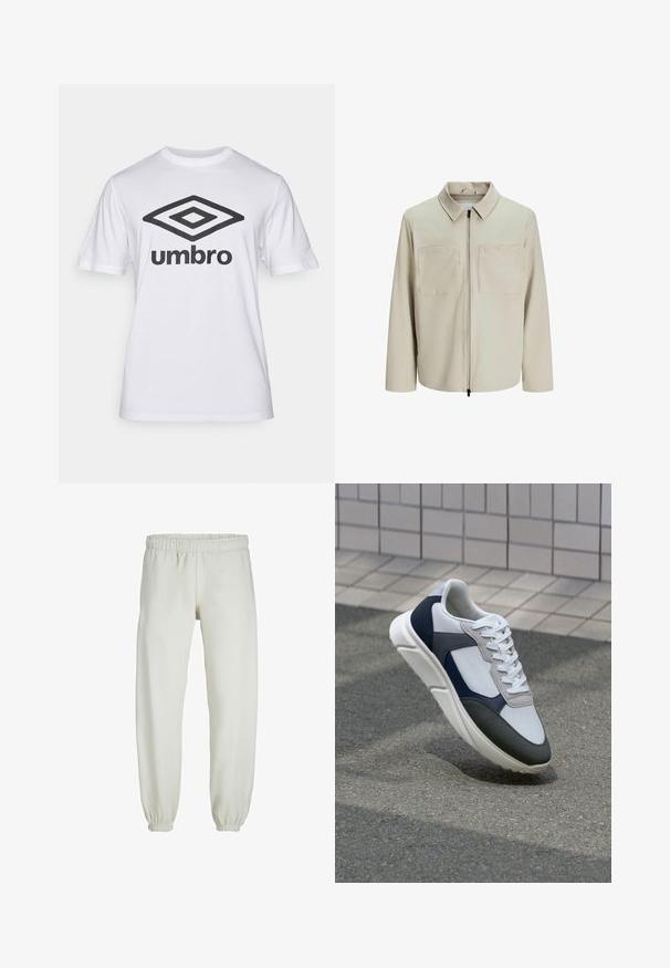 Béžová bunda vyrobená z jemného materiálu, s golierom, predným zipsom a dvoma veľkými náprsníkmi. Dlhé rukávy s voľným strihom.; Biela bavlnená tričko s veľkým čiernym logom "Umbro" a diamantovou grafikou na prednej strane. Krátke rukávy, okrúhly výstrih, klasický strih.; Biele teplákové nohavice vyrobené z mäkkej textílie, s elastickým pásom a manžetami, s hladkým povrchom a voľným strihom.; Biele, námornícke a šedé tenisky s kombinovaným materiálom, so štruktúrovaným zvrškom, plochými šnúrkami a polstrovanou podošvou.
