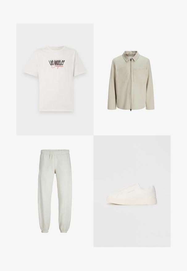 Bež jakk, mis on valmistatud pehmest kangast, millel on krae, ees zip ja kaks suurt rinna taskut. Pikad varrukad, millel on mugav lõige.; Valge puuvillane T-särk lühikeste varrukatega ja ümaral kaelusel. Esiküljel on must ja punane "Los Angeles California" kujutis. Lihtne, mugav lõige.; Valged trennipüksid, mis on valmistatud pehmest kangast, elastse vöökoha ja mansettidega, sileda tekstuuri ja lõdva lõikega.; Valged libisemiskindlad tossud tekstuuriga pinnaga, paksu tallaga ja minimalistikus disainis. Küljel on brändi logo.