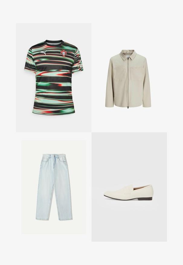 Beige színű, puha anyagból készült dzseki, gallérral, elülső cipzárral és két nagy zsebbe való mellel. Hosszú ujjú, laza fazonú.; Rövid ujjú fekete sportmez zöld és piros vízszintes csíkokkal. A mellkasán Puma logó és a portugál válogatott címer található.; Világoskék farmernadrág, laza szabással, egyenes szárú kialakítással, öt zsebes stílussal és finom elhalványulással az anyagon.; Világos bézs loaferek hegyes orral, sima anyagból, a lábfejen lévő pánttal és alacsony barna talppal. Egyszerű dizájn, minimális díszítéssel.